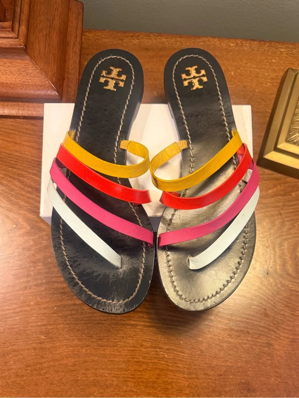 Tory Burch Patos Black Leather Slide Sandals Yellow Red Pink White Strap Size 9
